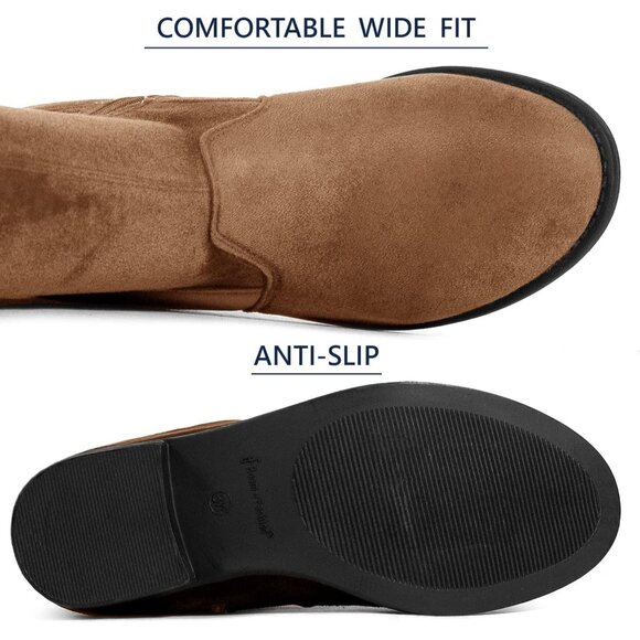 Women's Tan Su Rounded Toe Stretchy Over The Knee Low Heel Wide Calf Boots - Picture 7 of 7